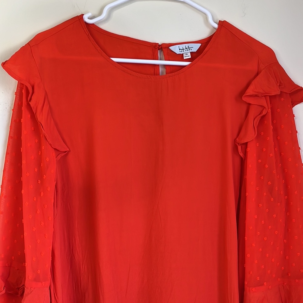 Nicole Miller New York Orange Ruffle Bell Sleeve Swiss Dotted Long Sleeve Blouse - Picture 2 of 8